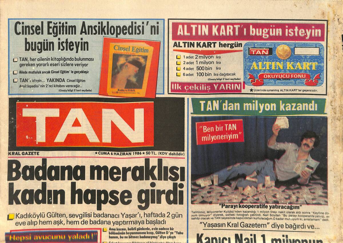Tan Gazetesi 6 Haziran 1986 - Ahu Tuğba: İki Erkeği Birleştirip İdealimdeki Erkeği Yarattım - Seda Sayan: Ben Yanmam, Yakarım GZ3166 - 1