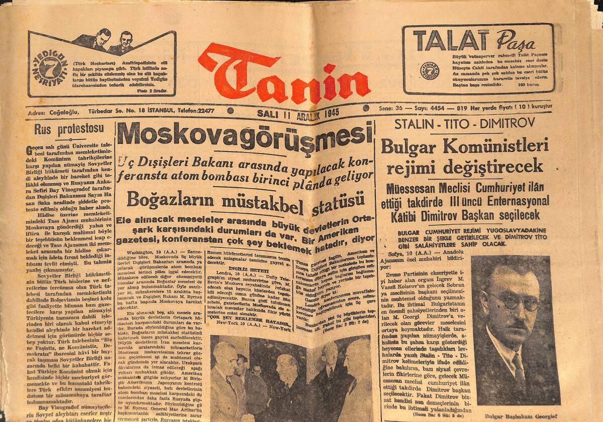 Tanin Gazetesi 11 Aralık 1945 - Boğazlar'ın Müstakbel Statüsü - İran'ın Dünyaya Mesajı - Tayyar Paşa'nın Korkunç Bir Hatırası GZ146748 - 1