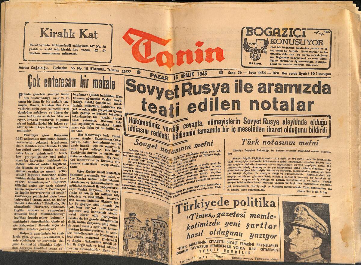 Tanin Gazetesi 16 Aralık 1945 - Sovyet Rusya İle Aramızda Teati Edilen Notalar- Faye Emerson Güzel Yıldız Gl. Roosevelt'le Evlenmeye Nasıl Karar Verdi GZ146747 - 1
