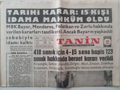 Tanin Gazetesi - 16 Eylül 1961 - Tarihi Karar 15 Kişi İdama Mahkum Oldu GZ111182 - 1