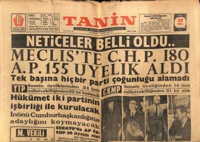 Tanin Gazetesi 17 Ekim 1961 - Hükümet İki Partinin İşbirliği İle Kurulacak GZ82558 - 1