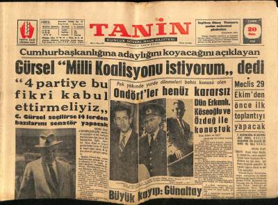 Tanin Gazetesi 20 Ekim 1961 - Ticari Çevrelerde Bir Milli Koalisyon Kabinesi İstiyor GZ82561 - 1