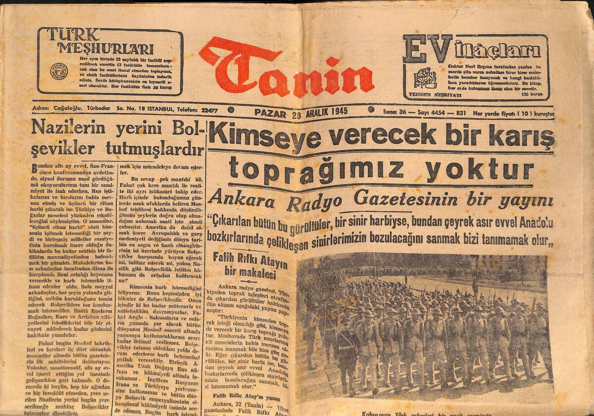 Tanin Gazetesi 23 Aralık 1945 - Nazilerin Yerini Bolşevikler Tutmuşlardır - Galatasaray-Beşiktaş Bugün Karşılaşıyor GZ146746 - 1