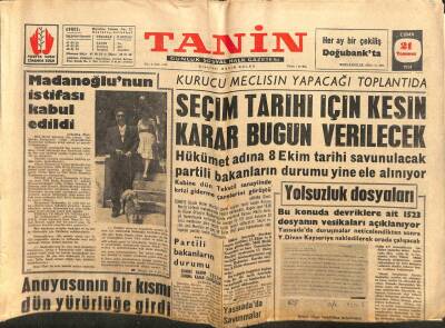 Tanin Gazetesi - 24 Temmuz 1961 - Madanoğlunun İstifası Kabul Edildi GZ111075 - 1