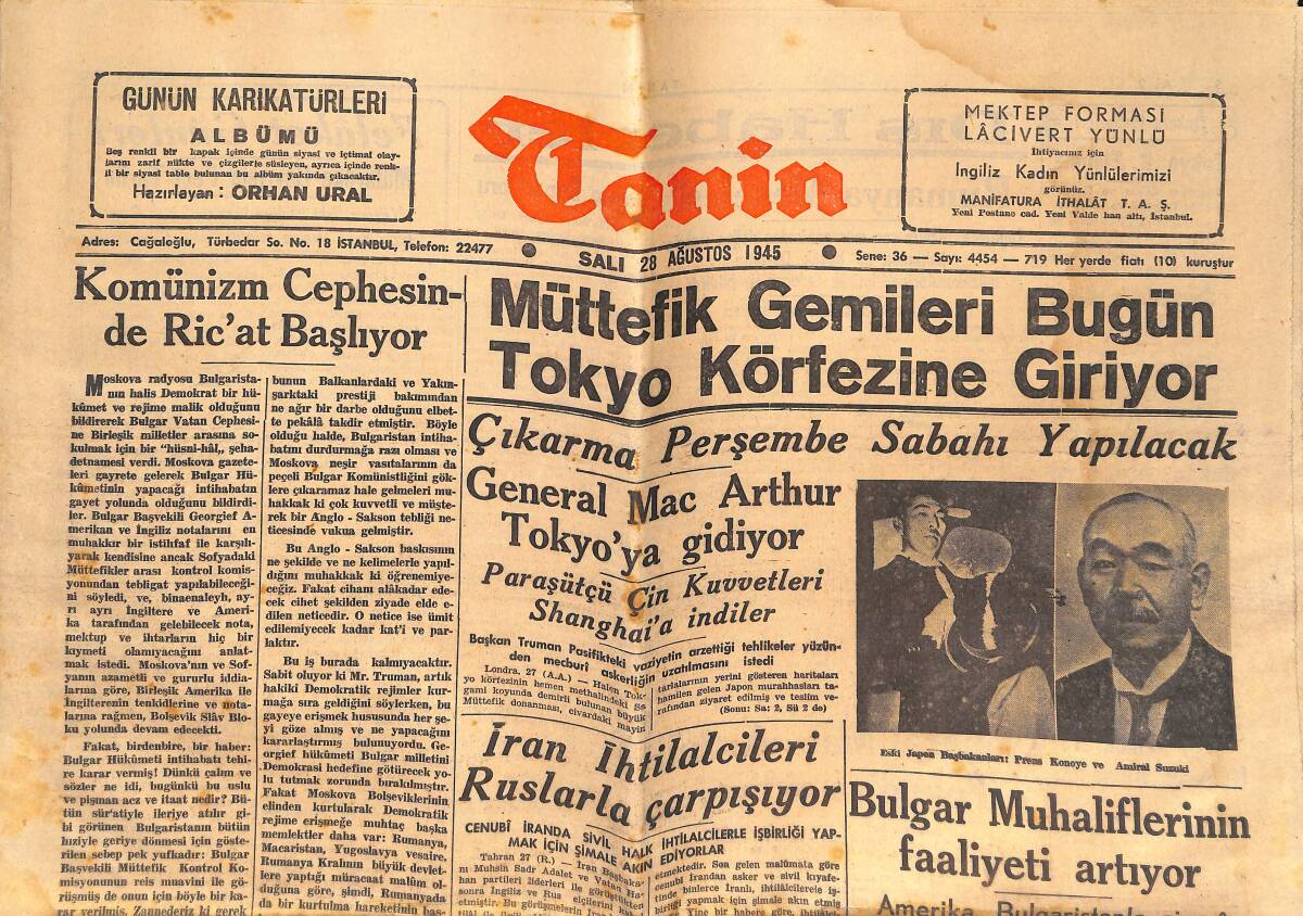 Tanin Gazetesi 28 Ağustos 1945 - İran İhtilalcileri Ruslarla Çarpışıyor - General Mac Arthur Tokyo'ya Gidiyor GZ146749 - 1