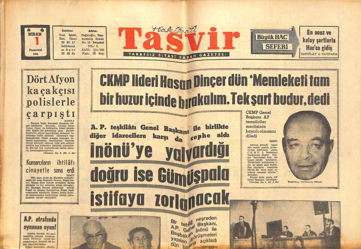 Tasvir Gazetesi 1 Nisan 1963 - Beşirağa Tekkesinde 2 Genç Diri Diri Yandı - Bayar Açlık Grevine Dün de Devam Etti GZ144041 - 1