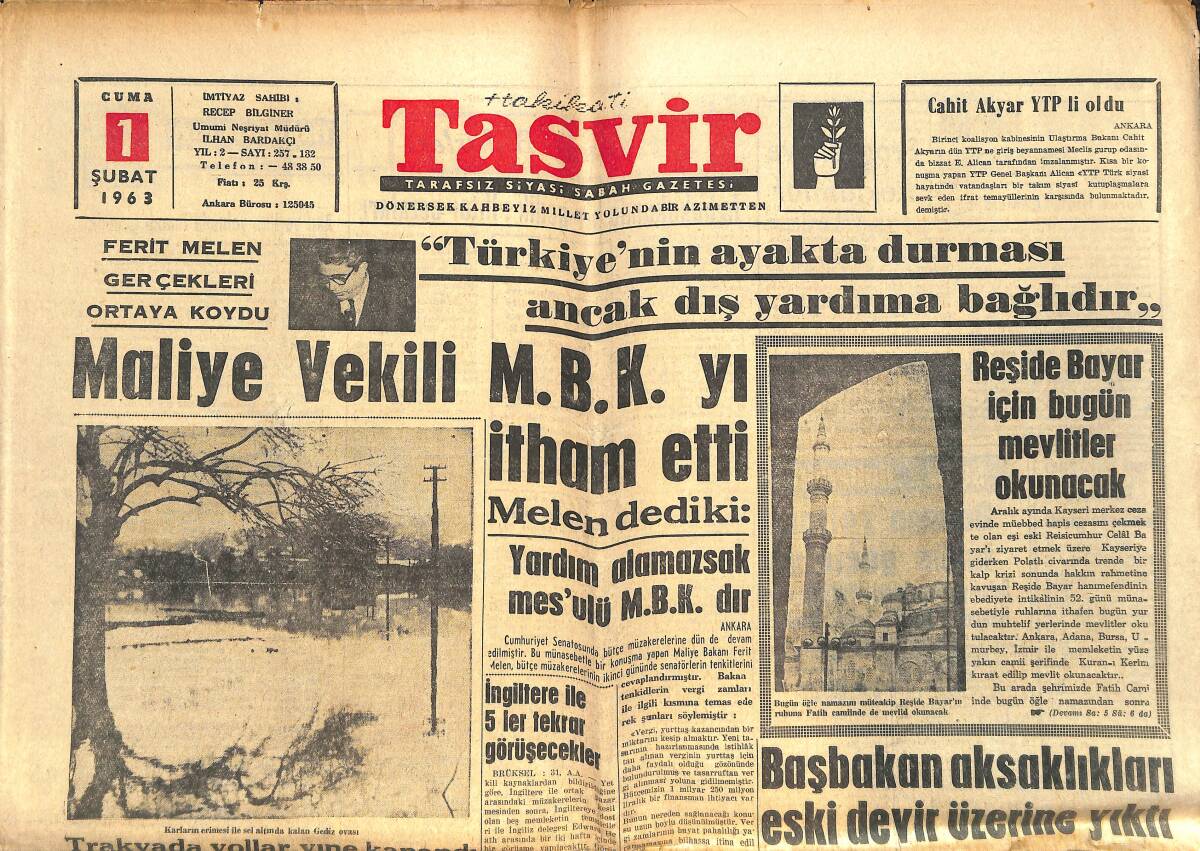Tasvir Gazetesi 1 Şubat 1963 - Zeki Müren Yargılandı - Ali Sami Yen Stadı 29 Ekim'de Bir Spor Bayramı İle Açılacak GZ144289 - 1