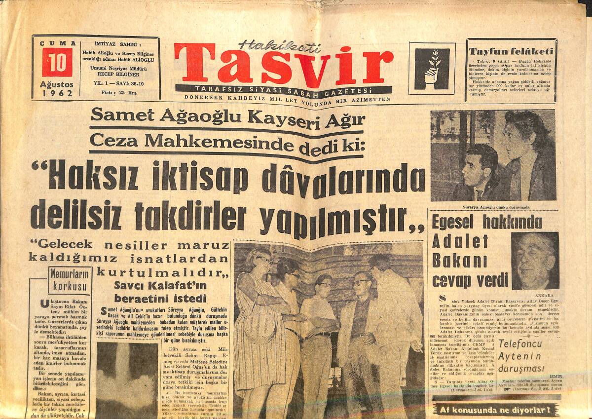 Tasvir Gazetesi 10 Ağustos 1962 - Bölükbaşı İznik'te Konuştu - Egesel Hakkında Adalet Bakanı Cevap Verdi GZ144162 - 1