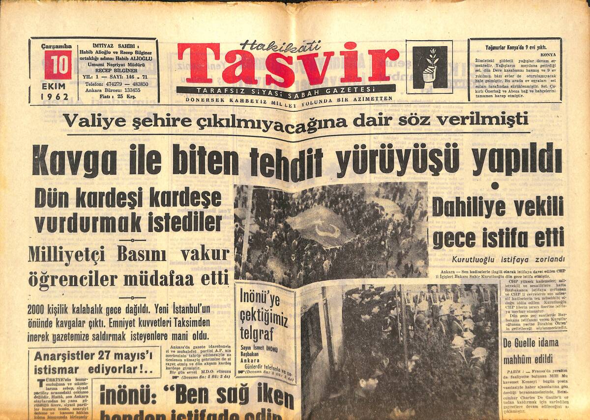 Tasvir Gazetesi 10 Ekim 1962 - Egesel'in Eniştesi Ankaraya Vali Oldu - De Guelle İdama Mahkum Edildi GZ144164 - 1