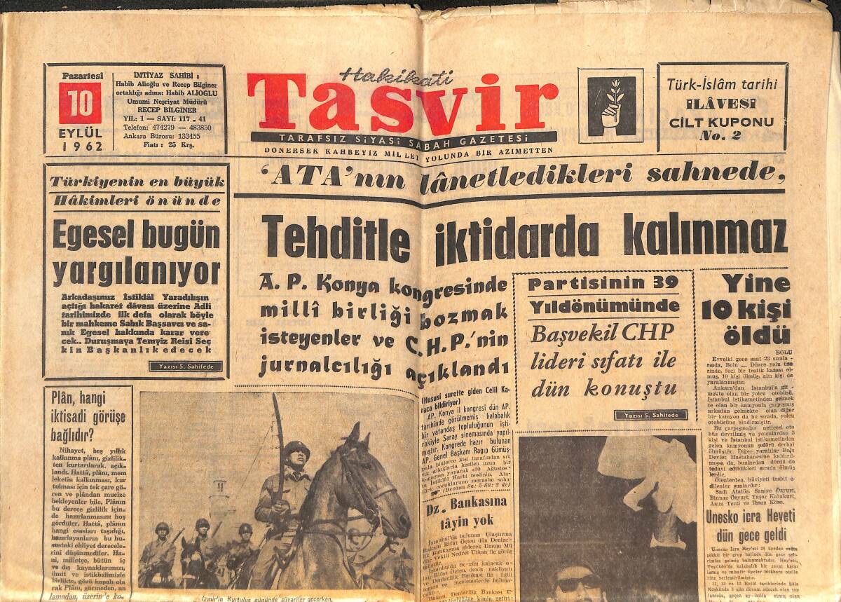 Tasvir Gazetesi 10 Eylül 1962 - Egesel Bugün Yargılanıyor - Unesko İcra Heyeti Dün Gece Geldi GZ144169 - 1