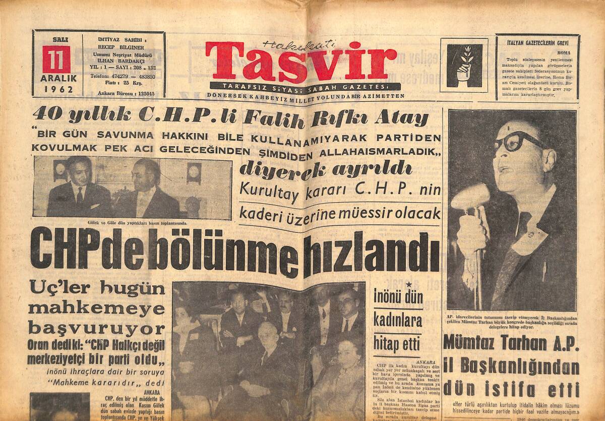 Tasvir Gazetesi 11 Aralık 1962 - Sahte Bin Liralık Basan Bir Şebeke Yakalandı - CHP'de Bölünme Hızlandı GZ144046 - 1