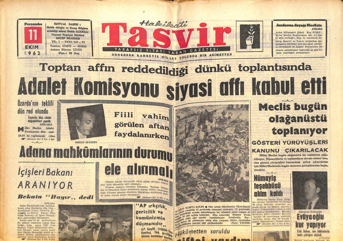 Tasvir Gazetesi 11 Ekim 1962 - Adalet Komisyonu Siyasi Affı Kabul Etti - İçişleri Bakanı Aranıyor GZ144163 - 1