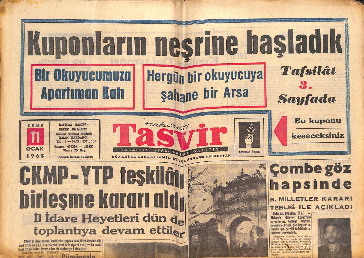 Tasvir Gazetesi 11 Ocak 1963 - Çombe Göz Hapsinde - İstanbul'un Işıksız Olan Semtleri Aydınlanıyor GZ144177 - 1