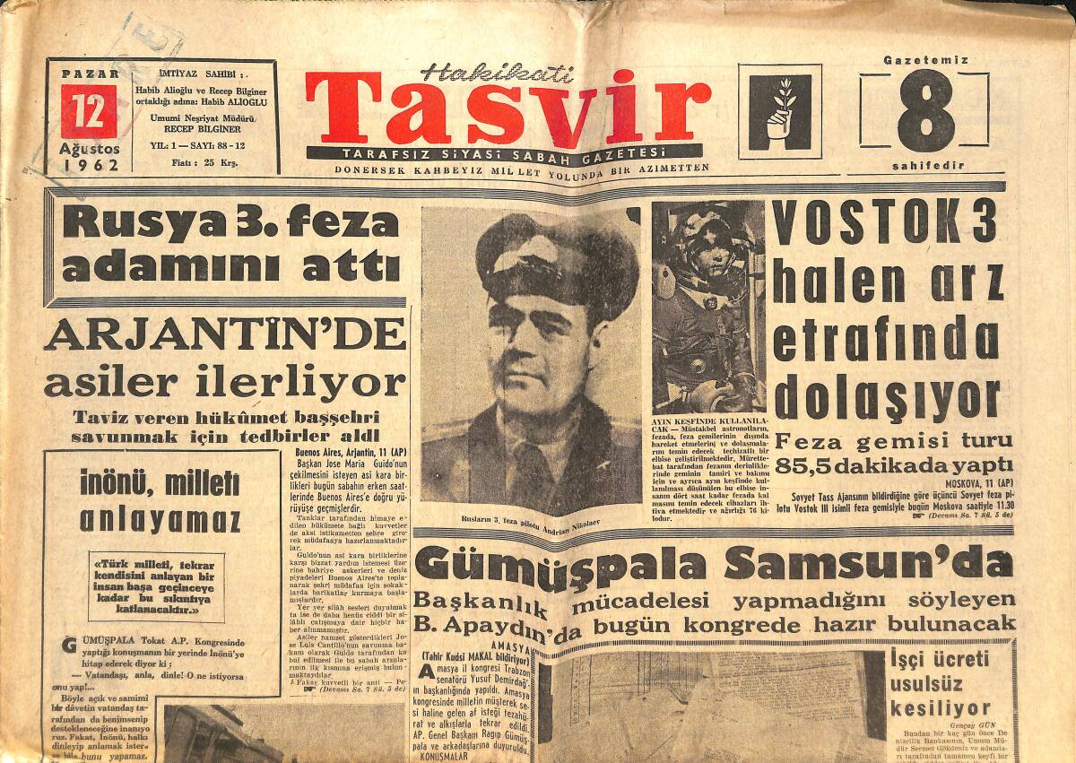 Tasvir Gazetesi 12 Ağustos 1962 - Gümüşpala Samsun'da - Arjantin'de Asiler İlerliyor GZ144166 - 1