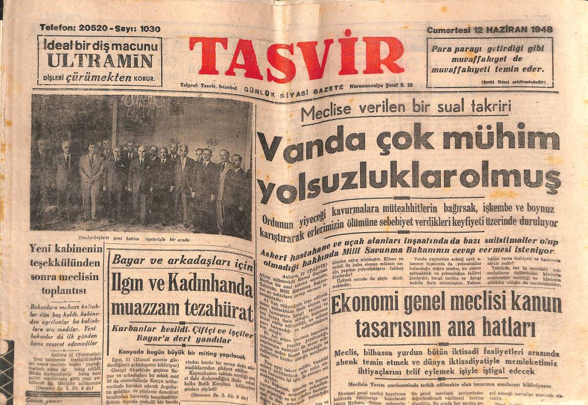Tasvir Gazetesi 12 Haziran 1948 - Vanda Çok Mühim Yolsuzluklar Olmuş - Filistinde Mütareke Dün Sabah Başladı GZ141714 - 1