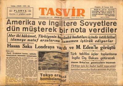 Tasvir Gazetesi 12 Temmuz 1945 - Amerika Ve İngiltere Sovyetlere Nota Verdiler GZ71189 - 2