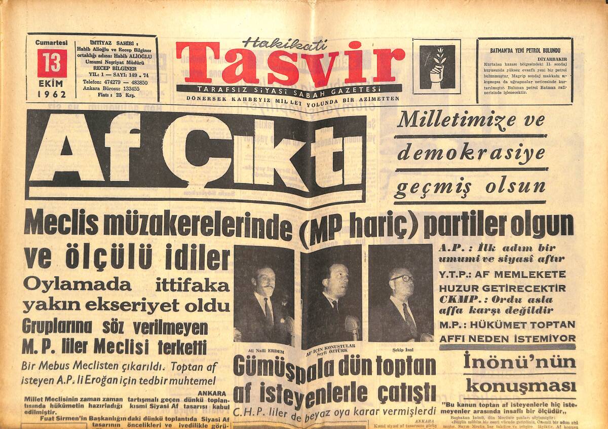 Tasvir Gazetesi 13 Ekim 1962 - Gümüşpala Dün Toptan Af İsteyenlerle Çatıştı - İstanbul'da Şoför Sayısı Yarıya İndirilecek... GZ144160 - 1