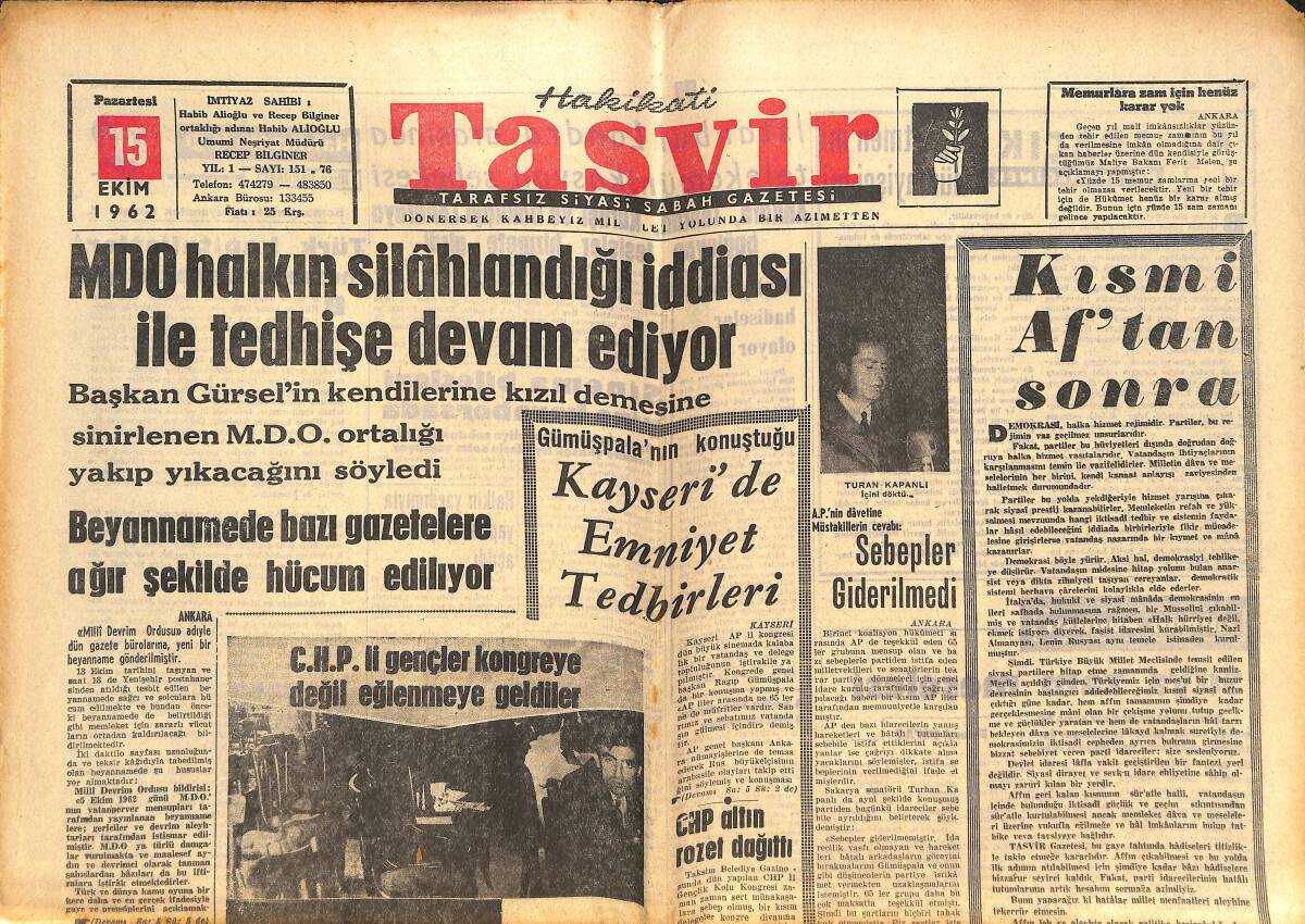 Tasvir Gazetesi 15 Ekim 1962 - Y.K. Karaosmanoğlu CHP'den İstifa Etti - Kayseri'de Emniyet Tedbirleri GZ144165 - 1
