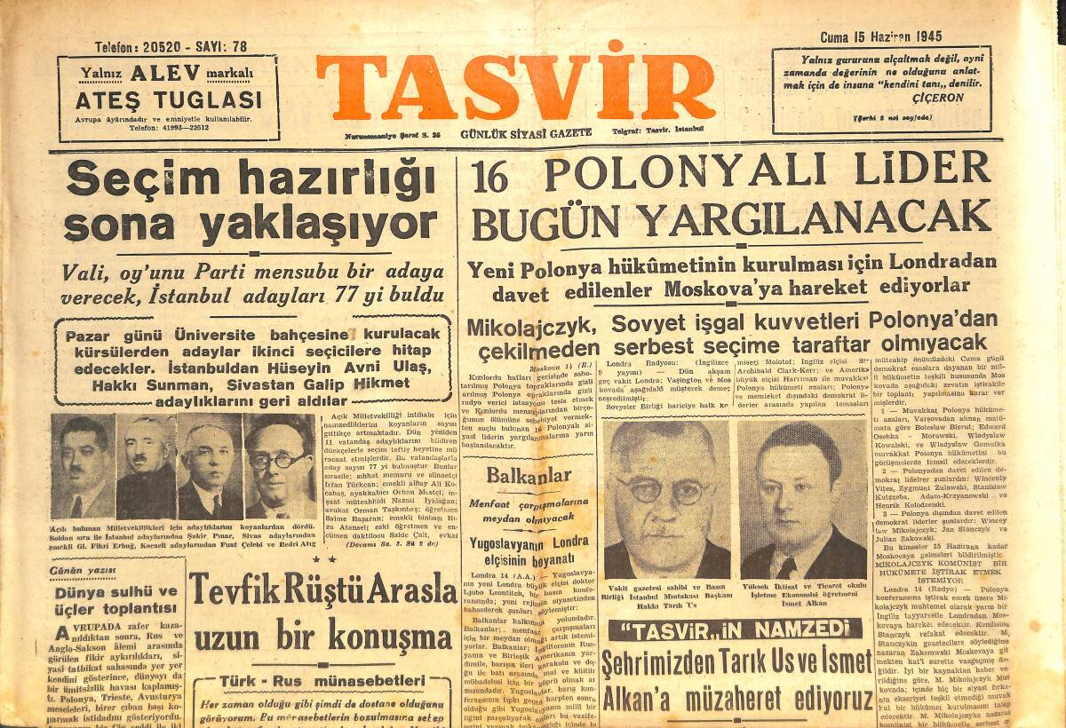 Tasvir Gazetesi 15 Haziran 1945 - 16 Polonyalı Lider Bugün Yargılanacak - İzmit'te Hafif Sesle Söylenen Nutuklar GZ144365 - 1
