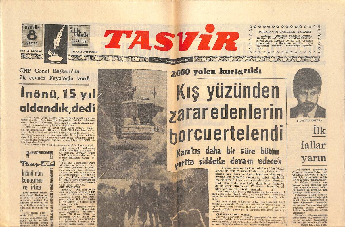 Tasvir Gazetesi 15 Ocak 1968 - DDY Kapıdan Kapıya Eşya Nakline Başlıyor - İnönü , 15 Yıl Aldandık Dedi GZ144042 - 1