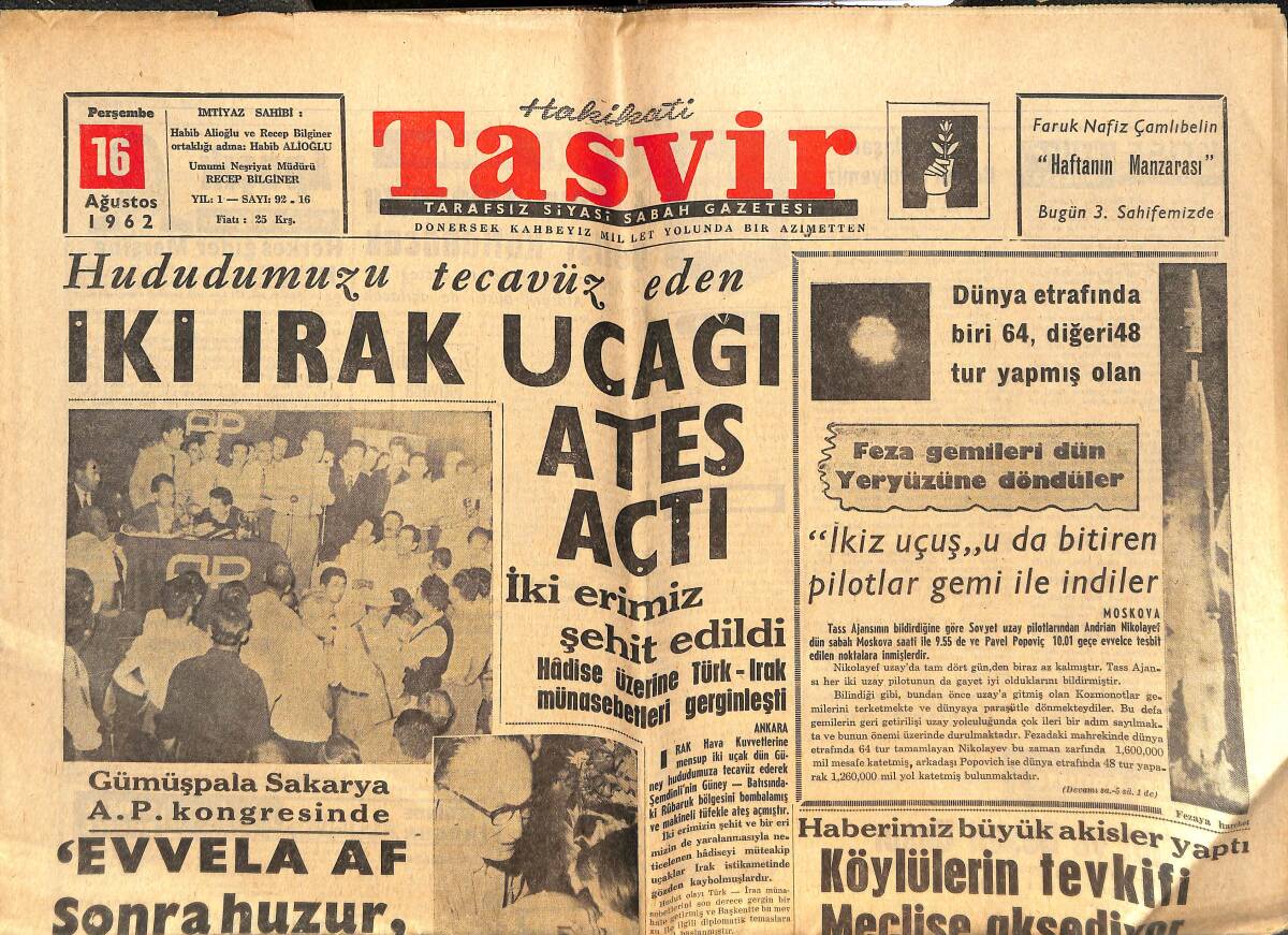 Tasvir Gazetesi 16 Ağustos 1962 - Feza Gemileri Dün Yeryüzüne Döndüler - Ata'nın Yalova'ya Gelişi Kutlanacak GZ144274 - 1
