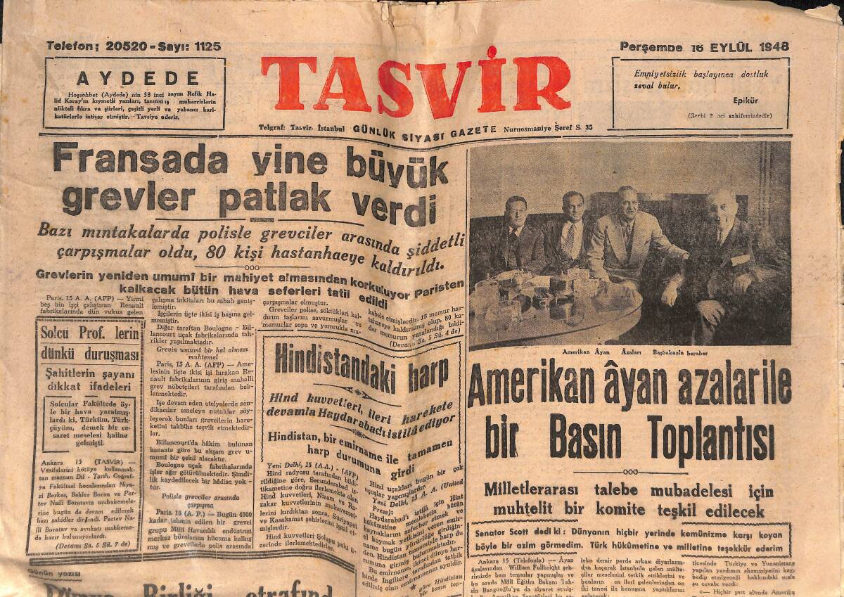 Tasvir Gazetesi 16 Eylül 1948 - Amerikan Ayan Azalar İle Bir Basın Toplantısı - Fransa'da Yine Büyük Grevler Patlak Verdi GZ146511 - 1