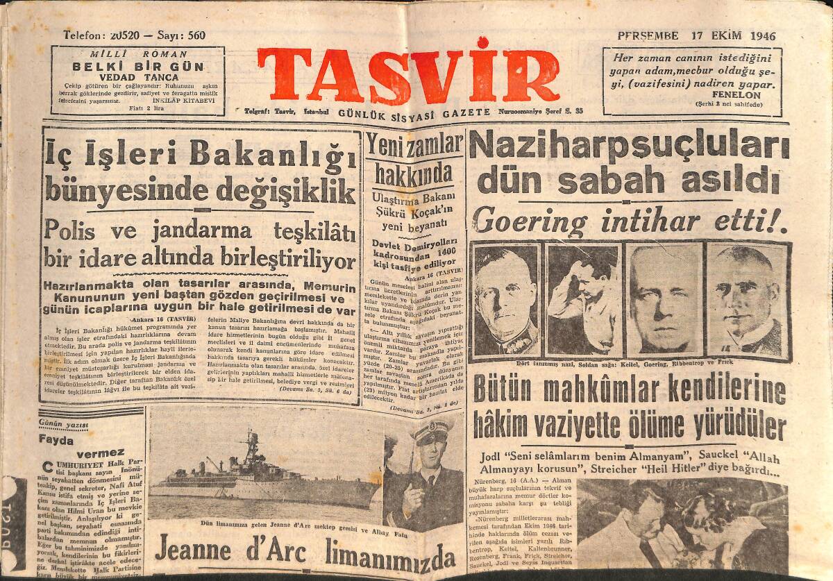 Tasvir Gazetesi 17 Ekim 1946 - Nazi Harp Suçluları Dün Sabah Asıldı - Georging İntihar Etti - Kadıköy Kız Lisesi Yeni Bir Binaya Taşınacak GZ146787 - 1
