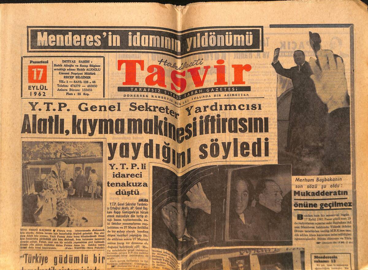Tasvir Gazetesi 17 Eylül 1962 - Bitlis Cezaevinde İsyan - Etibank'a İmtihanla Müfettiş Muavini Alınacak GZ149065 - 1