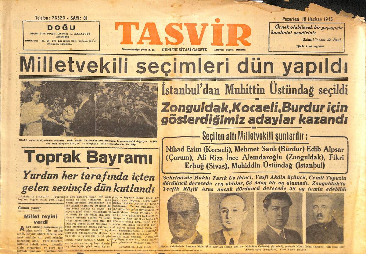 Tasvir Gazetesi 18 Haziran 1945 - Milletvekili Seçimleri Dün Yapıldı - Trieste Meselesi Yine Karışıyor! GZ144364 - 1