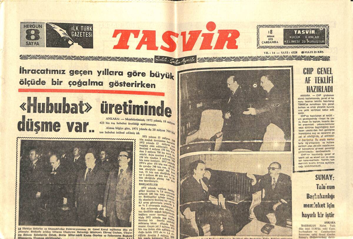 Tasvir Gazetesi 18 Nisan 1973 - İhracatımız Geçen Yıllara Göre Büyük Ölçüde Bir Çoğalma Gösterirken Hububat Üretiminde Düşme Var... GZ144176 - 1