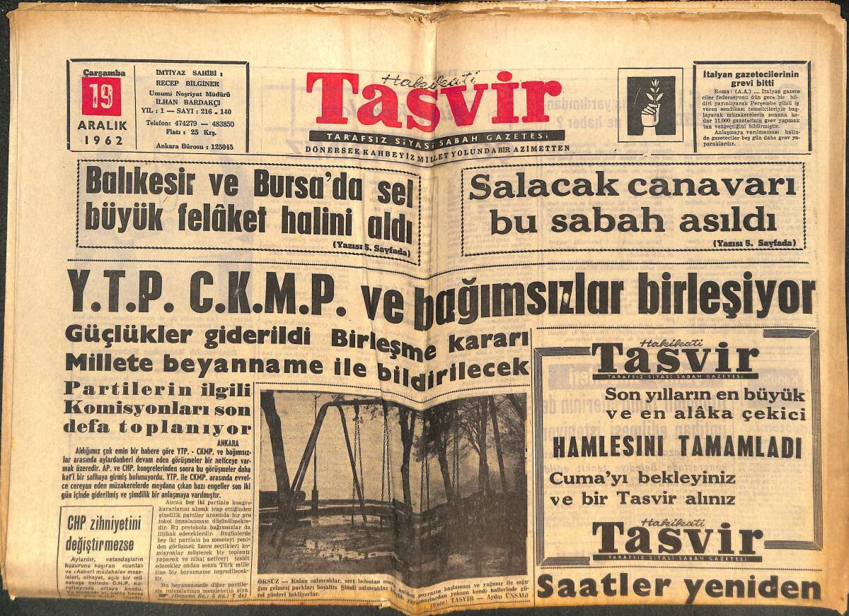 Tasvir Gazetesi 19 Aralık 1962 - Galatasaray Milan Maçları - Kennedy'ye Göre Kruşçef İle Görüşmenin Hiç Faydası Yok GZ144270 - 1