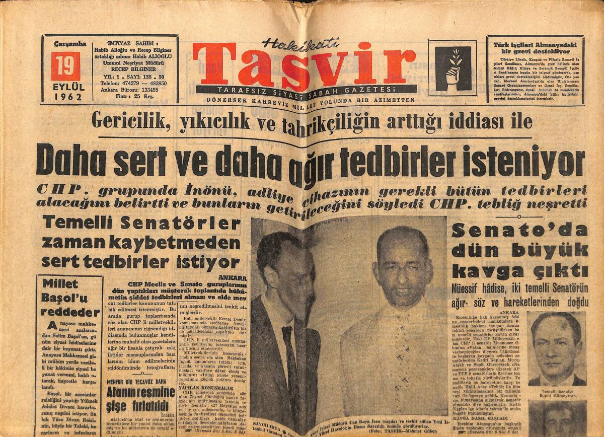 Tasvir Gazetesi 19 Eylül 1962 - Salim Başol'un Demecinin Akisleri Devam Ediyor - Gümüşpala Doğu Gezisine Bugün Başlıyor GZ148714 - 1