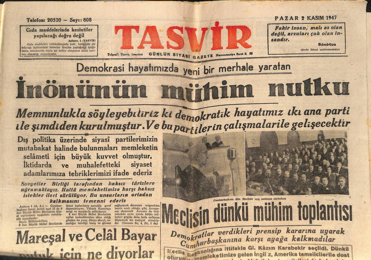 Tasvir Gazetesi 2 Kasım 1947 - İnönü'nün Mühim Nutku - Mareşal Ve Celal Bayar Nutuk İçin Ne Diyorlar - Kenan Önel-Yücel Davası GZ146619 - 1