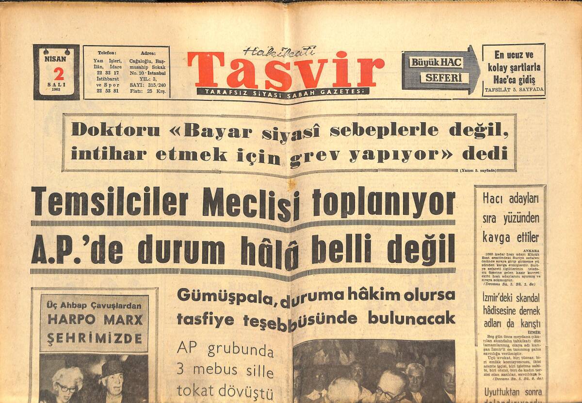 Tasvir Gazetesi 2 Nisan 1963 - Sadrettin Ağa Han İstanbul'u Beğendi - Harpo Marx Şehrimizde GZ144040 - 1