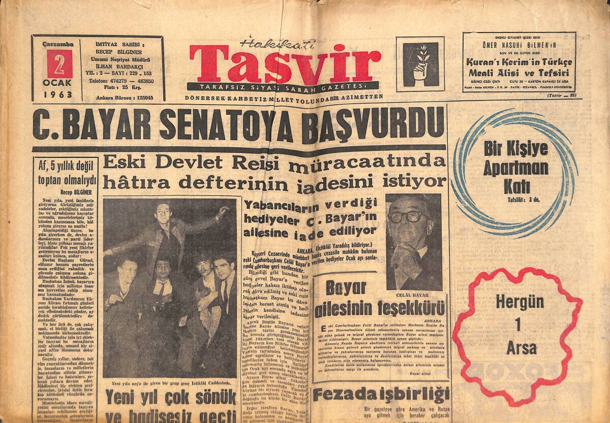 Tasvir Gazetesi 2 Ocak 1963 - Celal Bayar Senatoya Başvurdu - F. Nafiz Çamlıbel Yazılarına Başlıyor! GZ144117 - 1
