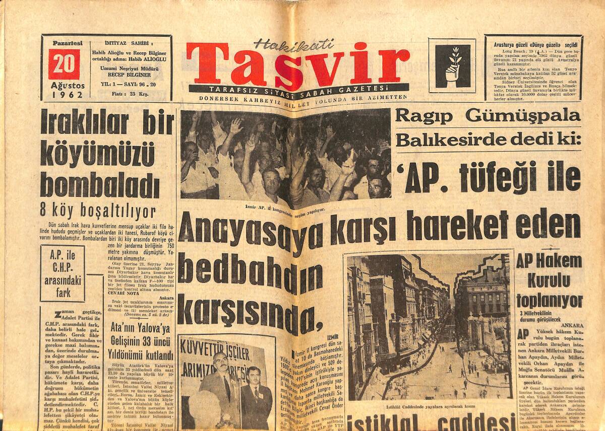 Tasvir Gazetesi 20 Ağustos 1962 - Iraklılar Bir Köyümüzü Bombaladı - İstiklal Caddesi Değiştirilecek GZ144275 - 1
