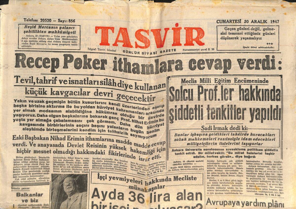 Tasvir Gazetesi 20 Aralık 1947 - Truman'ın Kongreye Mesajı - Recep Peker İthamlara Cevap Verdi GZ142406 - 1