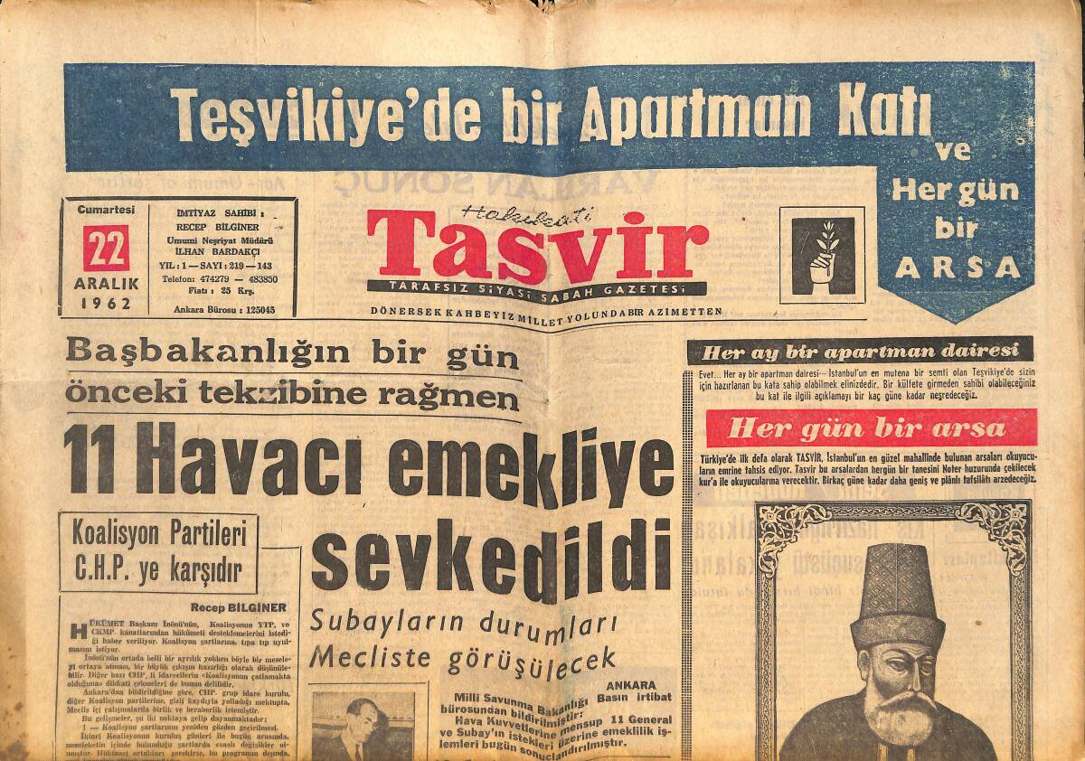 Tasvir Gazetesi 22 Aralık 1962 - Galatasaray , D.Spor İle Karşılaşıyor - 11 Havacı Emekliye Sevkedildi GZ144033 - 1