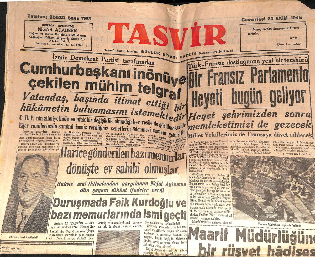 Tasvir Gazetesi 23 Ekim 1948 - Cumhurbaşkanı İnönü'ye Çekilen Mühim Telgraf - Bir Fransız Parlamento Heyeti Bugün Geliyor! GZ146513 - 1