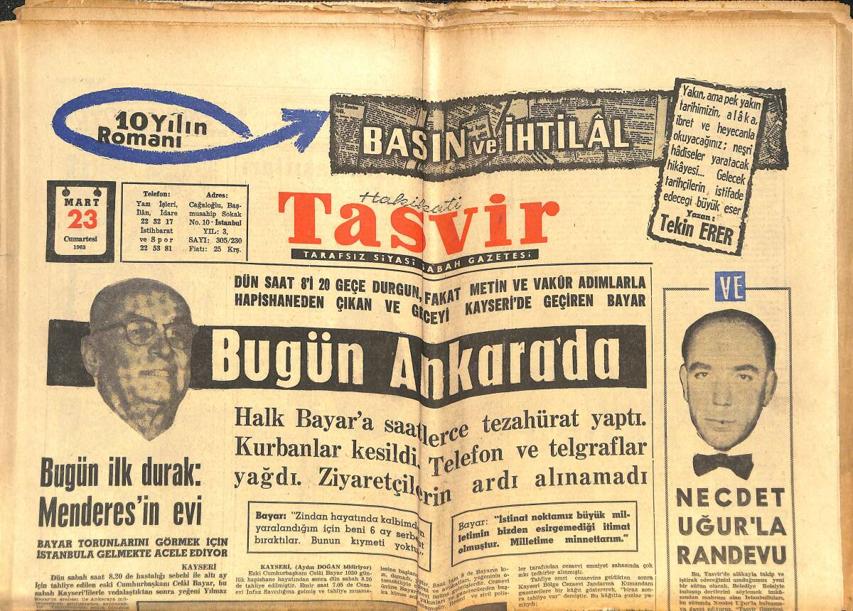 Tasvir Gazetesi 23 Mart 1963 - Bugün İlk Durak Menderes'in Evi - Bayar'ın Tahliyesi - Galatasaray Mali Kriz İçinde GZ144269 - 1