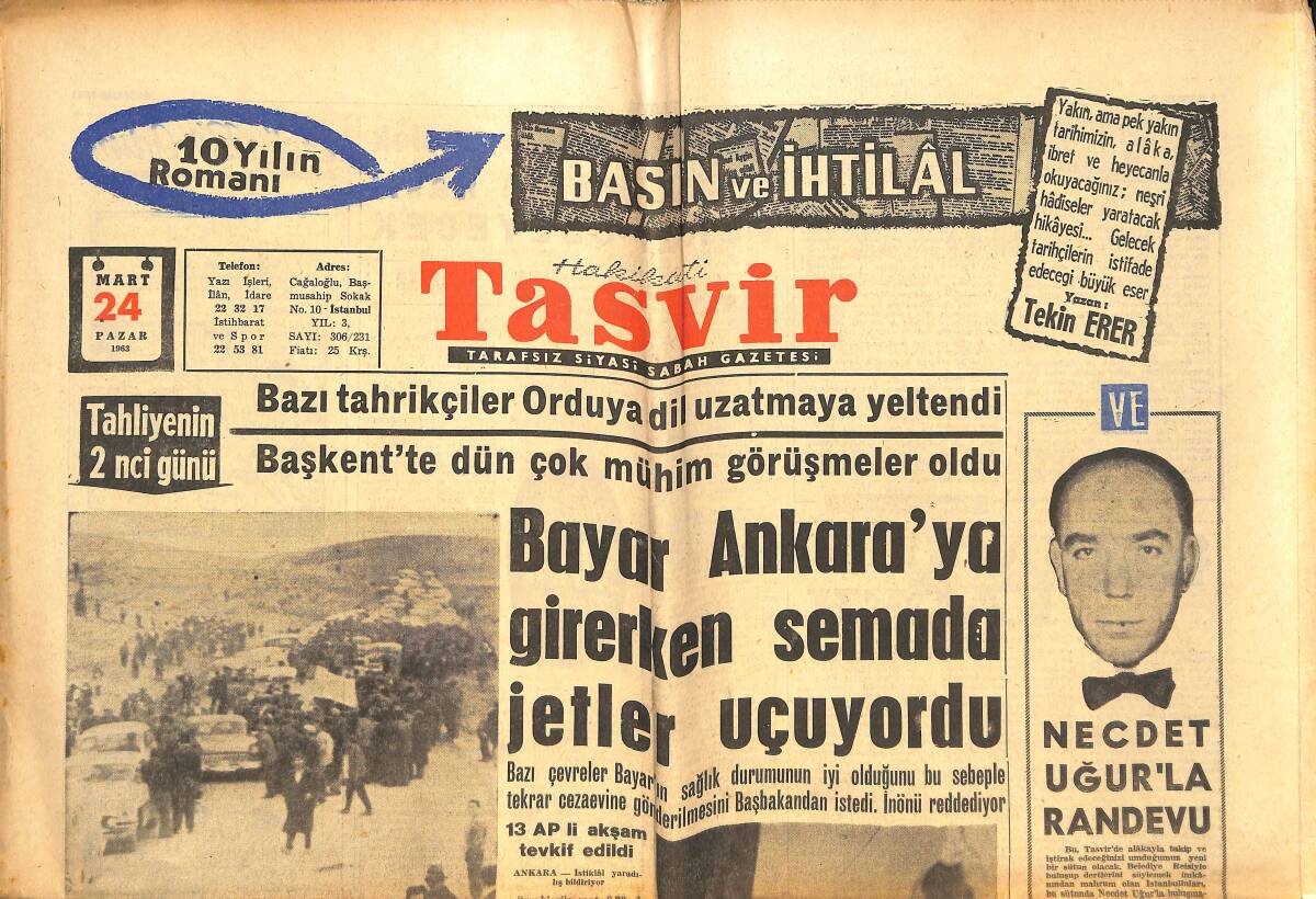 Tasvir Gazetesi 24 Mart 1963 - Bayar, Ankara'ya Giderken Semada Jetler Uçuyordu - Bayar'a Yolda Büyük Tezahürat Yapıldı GZ144267 - 1