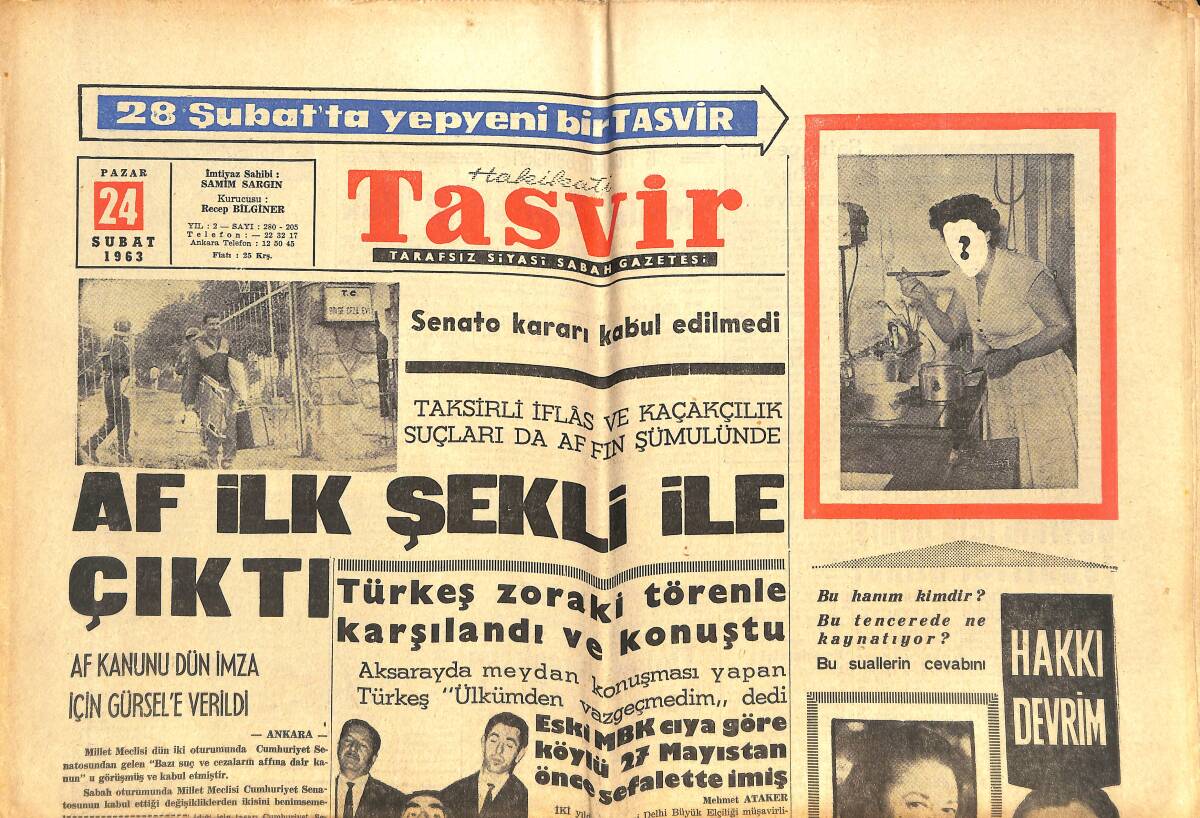 Tasvir Gazetesi 24 Şubat 1963 - Ayten Çankaya Çığır Açmak İçin Sinemaya Döndü - Başkanın Kardeşi Senatör M. Kennedy GZ144265 - 1