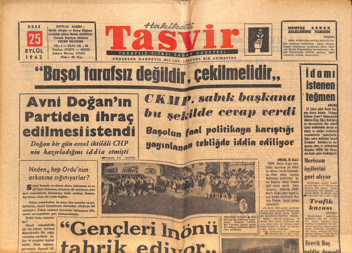 Tasvir Gazetesi 25 Eylül 1962 - Ağır Cezada Basın Davalarına Bakıldı - Kızıllar Türkiye'de Nasıl Zehir Saçıyor GZ144035 - 1