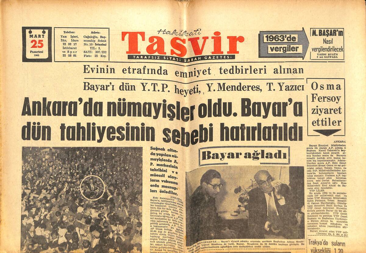 Tasvir Gazetesi 25 Mart 1963 - Başkan Kennedy'e Verilen Rapora Göre: Türkiye'ye Askeri Ve İktisadi Yardıma Devam Edilmelidir GZ144286 - 1