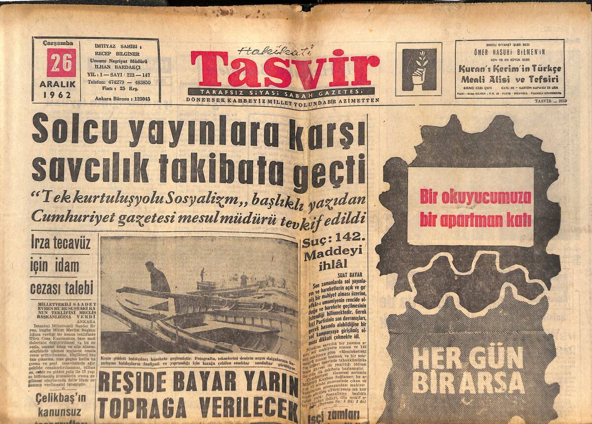 Tasvir Gazetesi 26 Aralık 1962 - Reşide Bayar Yarın Toprağa Verilecek - Türkeş Yılbaşında Geliyor GZ144032 - 1