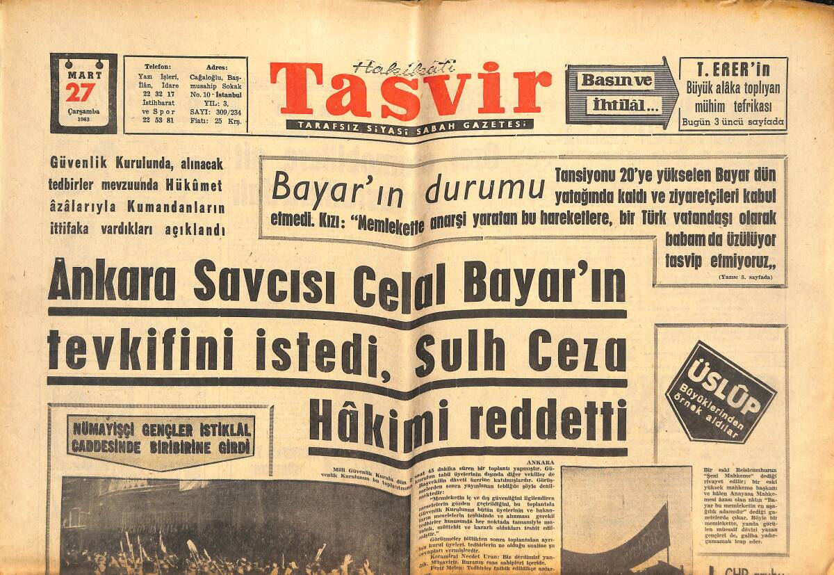Tasvir Gazetesi 27 Mart 1963 - Ankara Savcısı Celal Bayar'ın Tevkifini İstedi , Sulh Ceza Hakimi Reddetti GZ144043 - 1