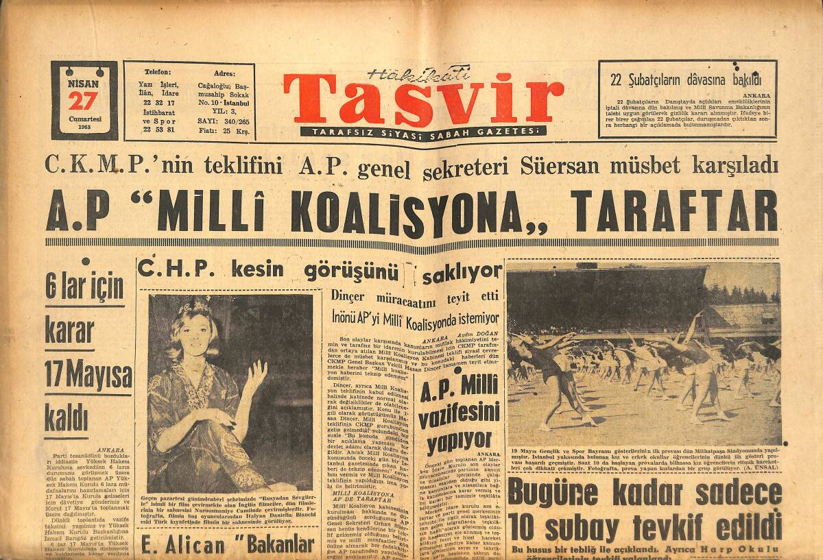 Tasvir Gazetesi 27 Nisan 1963 - AP Milli Koalisyona Taraftar - CHP'Lİ M. Aksoy Çelikbaş Görevini Ciddiye Almıyor! GZ144113 - 1
