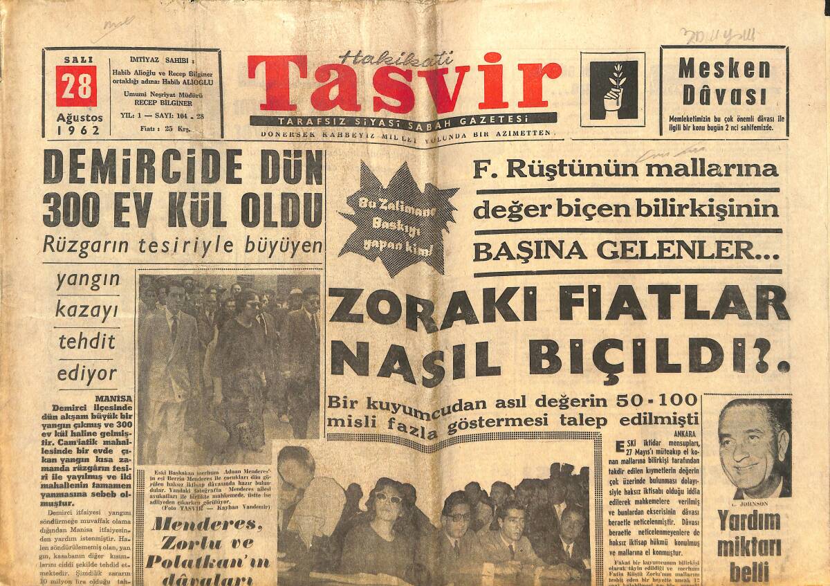 Tasvir Gazetesi 28 Ağustos 1962 - Galatasaray Cumartesi Gecesi Palermo İle Oynuyor - Demircide Dün 300 Ev Kül Oldu GZ144159 - 1