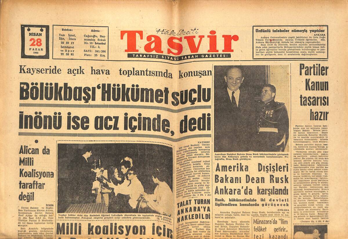 Tasvir Gazetesi 28 Nisan 1963 - D. Bankası Gemileri Eksik Personel İle Sefer Yapıyor! - Milli Koalisyon İçin A.P. Teklif Bekliyor GZ144114 - 1