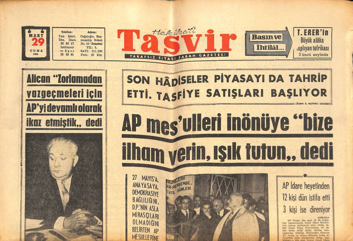 Tasvir Gazetesi 29 Mart 1963 - Celâl Bayar'ın İfadesi 5 Nisan'da Alınacak - AP Mesulleri İnönü'ye Bize İlham Verin , Işık Tutun Dedi GZ144045 - 1
